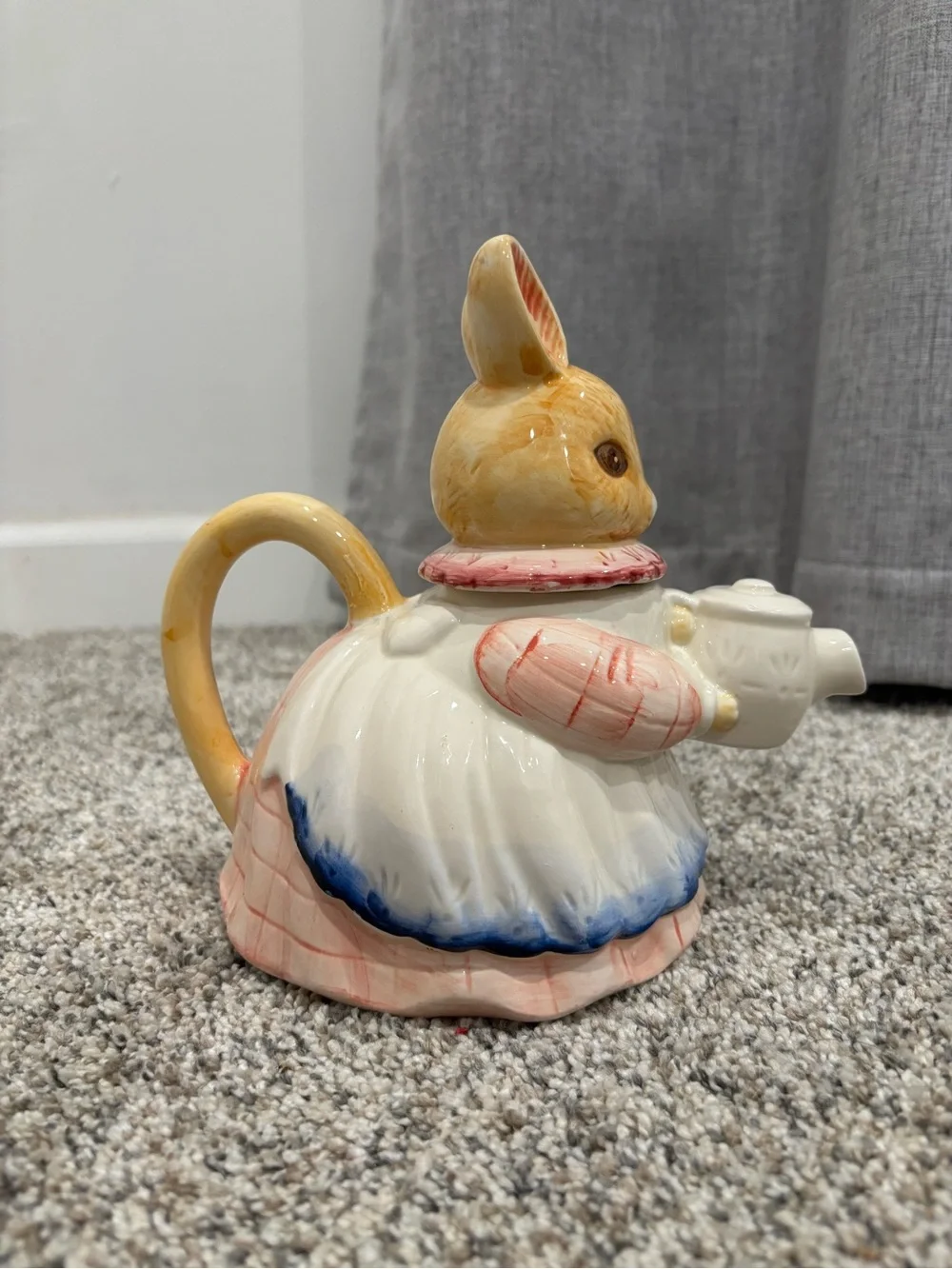 Vintage 1970s Hand Painted Porcelain Takahashi Pink & Blue Bunny Teapot